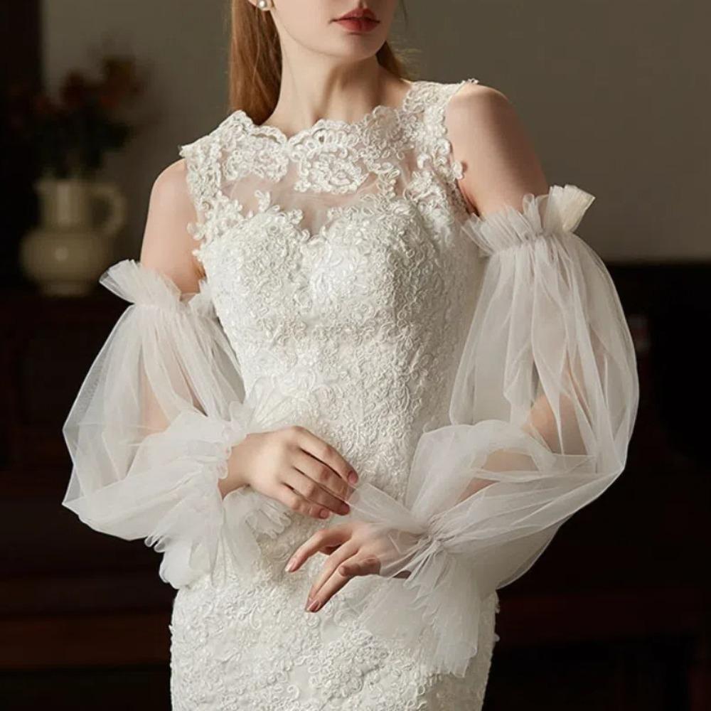 Elegant Yarn Bridal Arm Sleeves Breathable Thin Arm Covers Solid Color Pleated Lace Gauze Sleeves Women