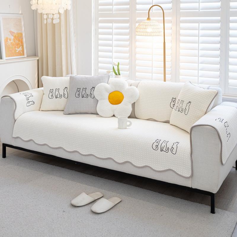 Modern Simple Sofa Cushion Pure Cotton Cartoon Embroidered Sofa Towel Full Cover Sofa Cover Four Seasons Universal Fabric Cushion