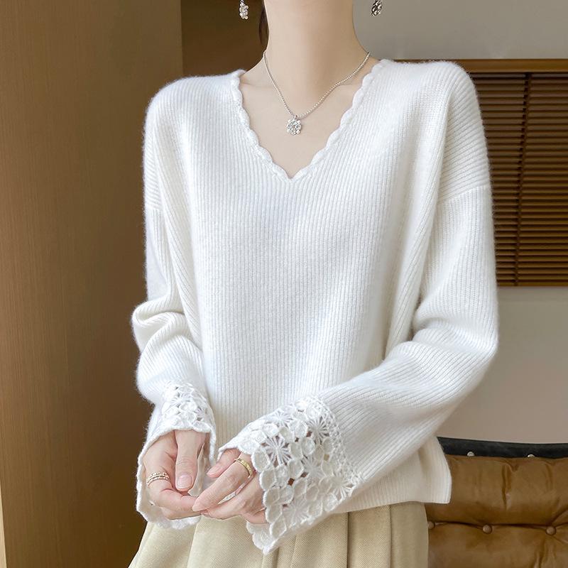 Women's 100% Pure Wool V-Neck Lace Long Sleeve Loose Sweater - Autumn/Winter 2025 Collection