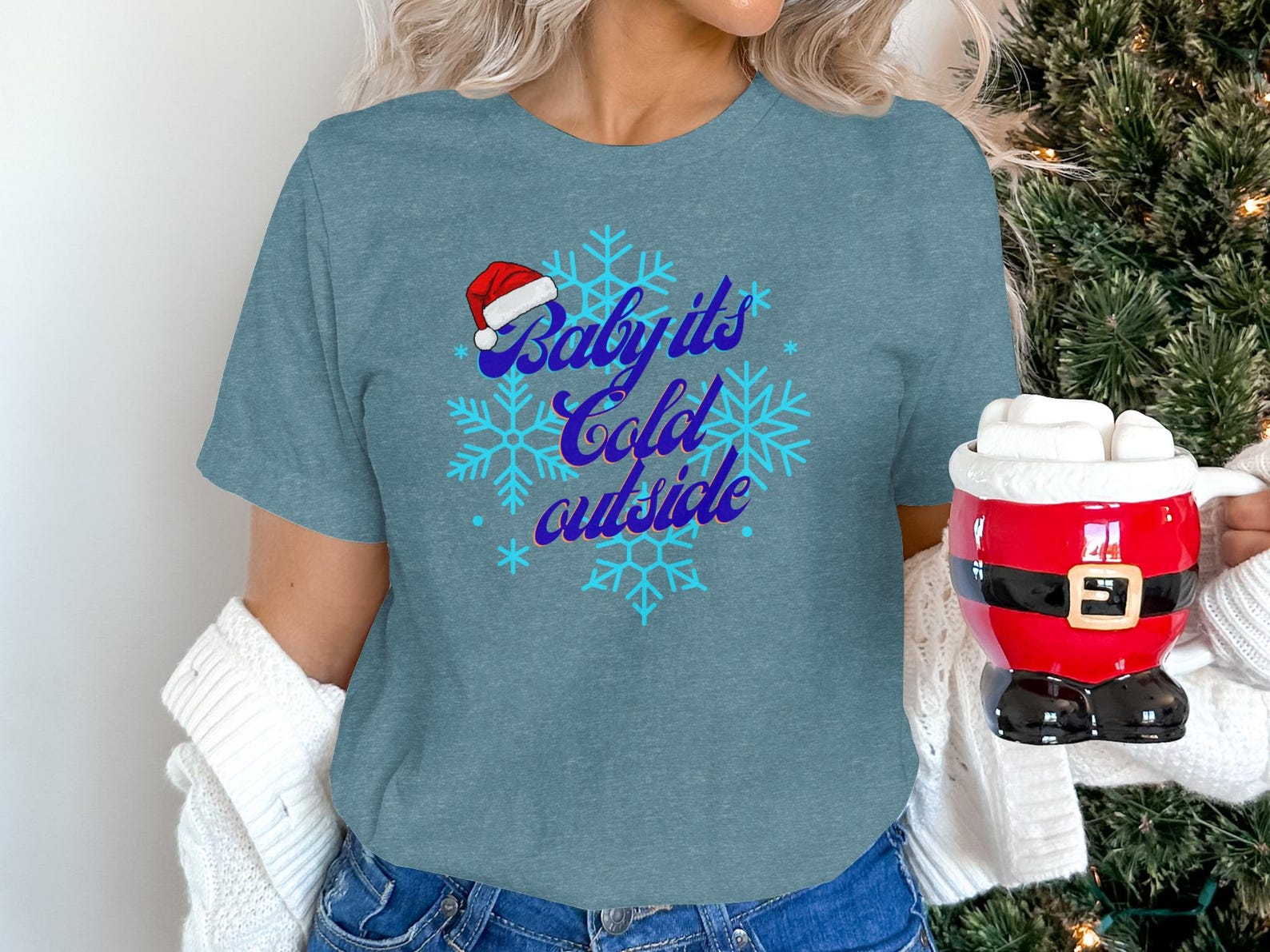 Baby it s Cold Outside Christmas Shirt, Santa Hat Snowflake Holiday Tee 2XL