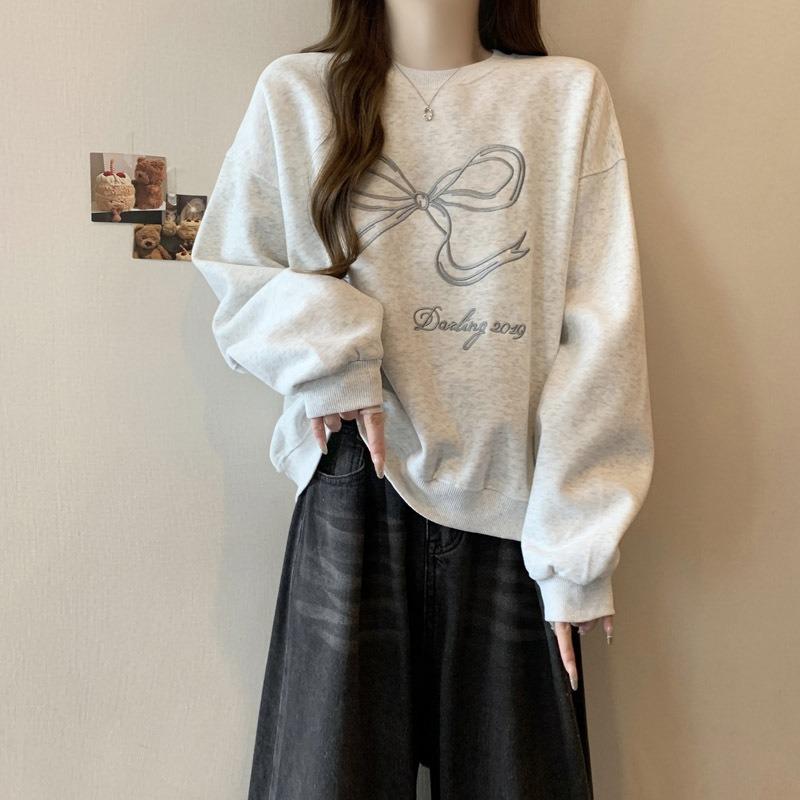 

Настоящий свитер женский сезон новый свободный универсальный с вышивкой в виде банта с круглым вырезом без капюшона 2XL