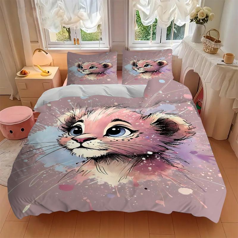 3pcs Pink Little Lion Bedding Set - Includes 1 Quilt Cover and 2 Pillowcases, Comfortable Bedding with Stylish Design for Bedroom,N076