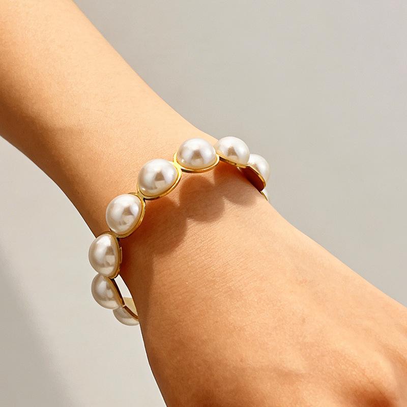 Exaggerated Imitation Pearl Bracelet for Women Vintage Stainless Steel Smooth Heavy Metal Open Bangles Steampunk Jewelry