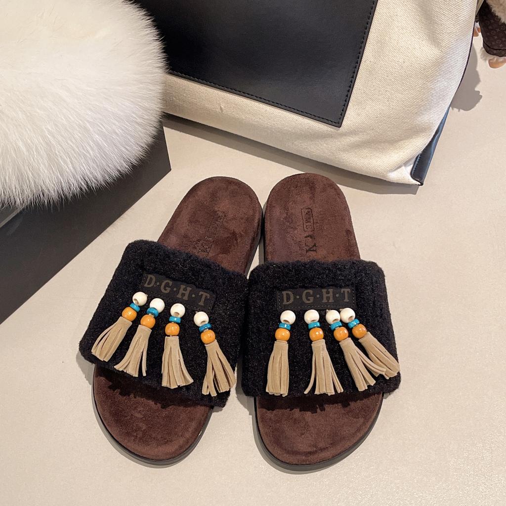 Retro tassel one-word fluffy slippers Female Gaiden 2025 autumn and winter new thick-bottomed lazy one-pedal cotton slippers