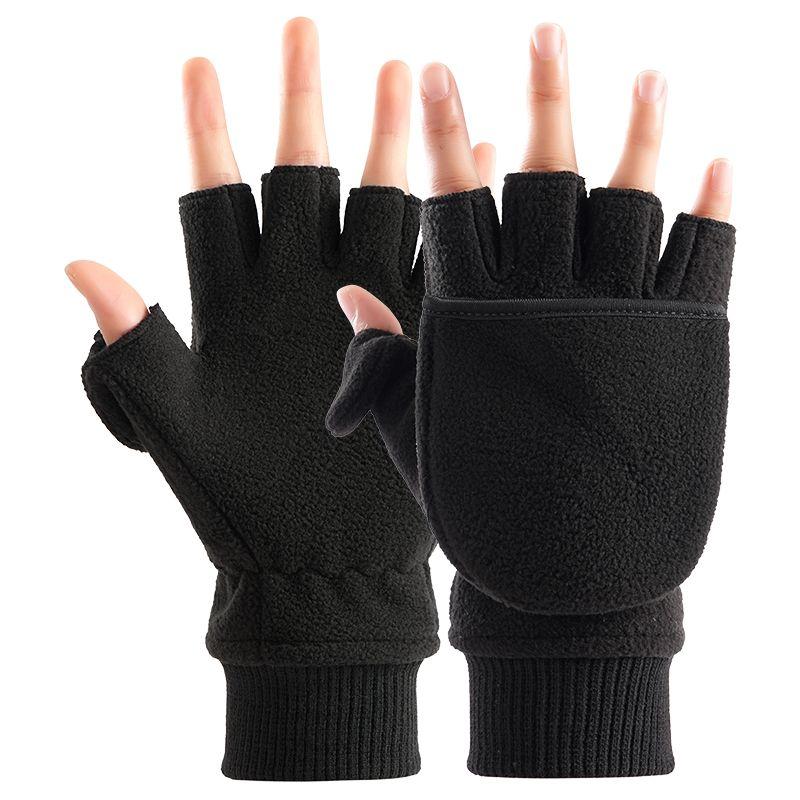 

Зимние утолщенные термоперчатки из полар-флиса для мужчин и женщин, студенческие для письма, курьерские, для велоспорта, защита от холода, с откидными пальцами, с сенсорным экраном [Men half finger flap] Black One size
