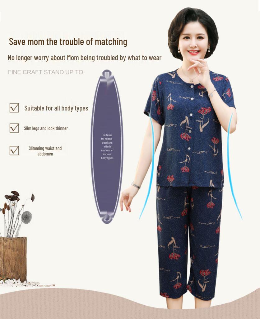Women's Cotton Silk Short-Sleeve Pajama Set for Middle-Aged and Elderly