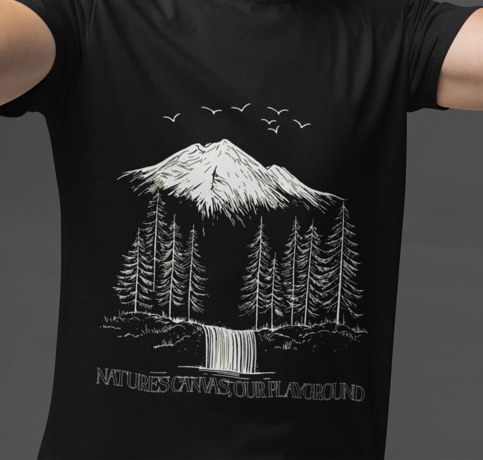 Mountain Waterfall Line Art T-Shirt: Nature s Canvas Tee 4XL