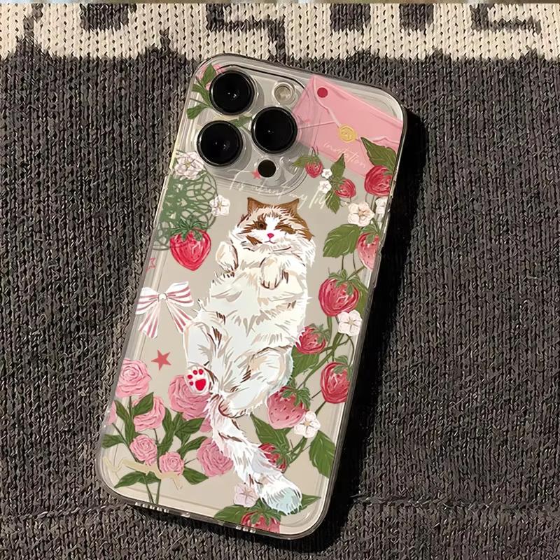 

Korean Painted Cat Strawberry Flower Phone Case For Samsung Galaxy A14 A15 S21 S22 S23 S24 FE Plus Ultra A25 A35 A52 A53 A54 A55 Galaxy A52 5G