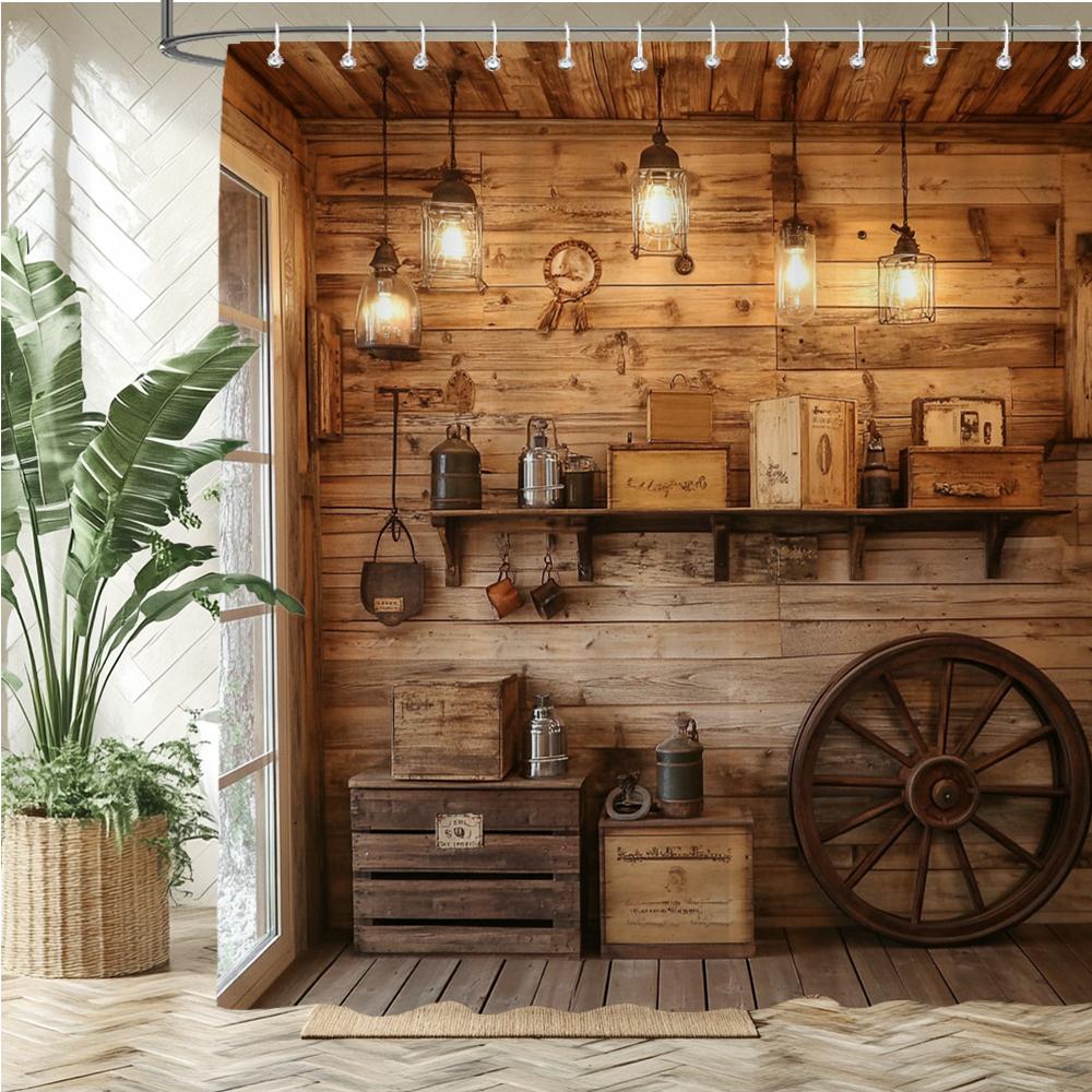 Country Retro Style, Wood Grain House Pattern Shower Curtain Waterproof Polyester Bathroom Curtain Bath Screen Decor For Bathtub