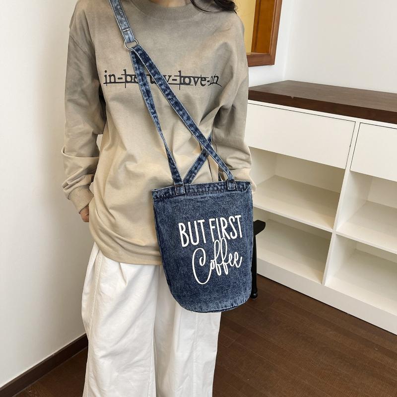 New Korean Style Casual Printed Washed Denim Shoulder Bag Simple Letters Bucket Crossbody Bag Fashi and Versatile Commute Bag