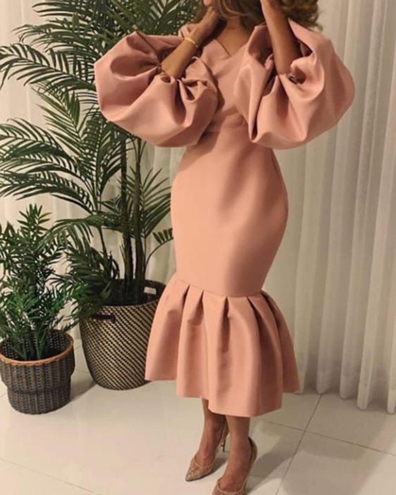 

Supply Large Size Women s Fashion Solid Color V-Neck Bubble Long Sleeve Fishtail Skirt Dress S розовый