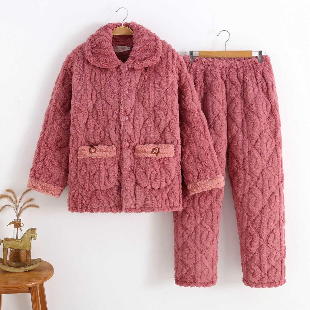 Three-Layer Fleece-Lined Quilted Winter Pajama Set for Elderly Women - Warm Coral Fleece Home Wear & Outerwear