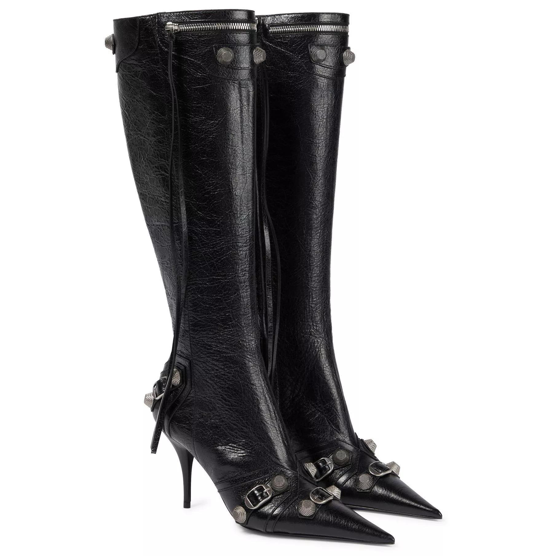 

Frauen High Heels Stiefel Frau Spitz Stilettos Heels Knie Hohe Stiefel Sexy Damen Niet Retro Pumpen 2022 Neue Botas Femininas 34 чёрный