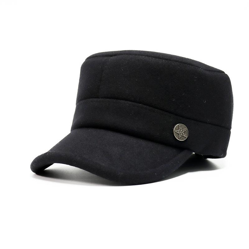 Middle-aged and Elderly Men's Hat Fleece-linedheattech Five-star Woolen Flat-top Hat with Upturned Brim Grandpa Ear Protection Cotton Hat for Men