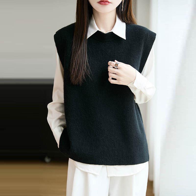 Women's Ribbed Knit Wool Vest - Round Neck Sleeveless Cardigan, Loose Fit Versatile Layering Top