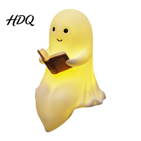 Novelty Dorm Room Decor Halloween Ghost Lamp Cute Middle Finger Ghost/Reading Book Night Light Funny Vinyl Ornament Spooky Figurine for Tabletop,