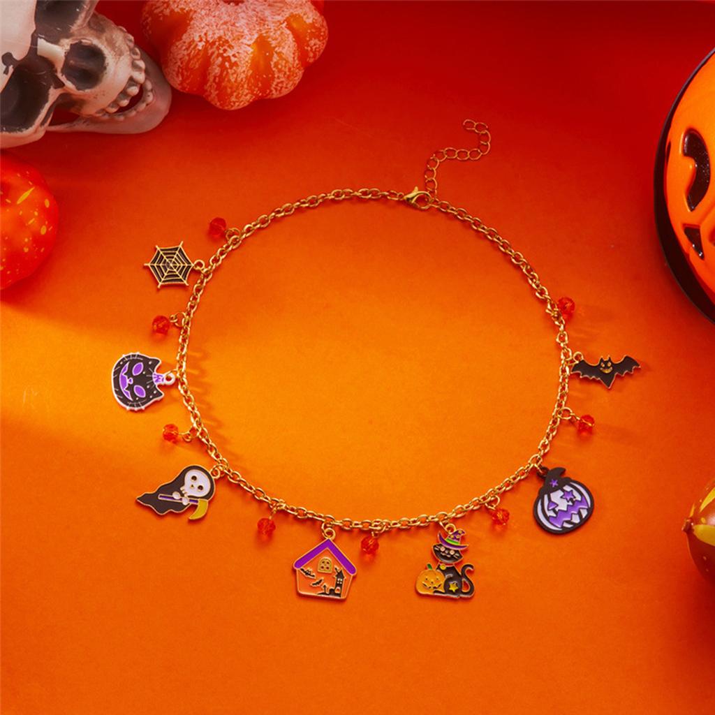 Halloween Enamel Pendant Necklace18K Gold Plated Chain W/ Pumpkin Ghost Bat Charms Adjustable 37cm+5cm Party Costume Jewelry Gif