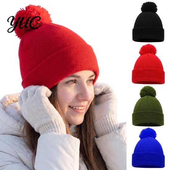 Solid Color Winter Headwear Knitted Hat with Faux Fur Ball, Soft Elastic Windproof Casual Daily Wear Warm Cap, Thickened for Men And Women Unisex