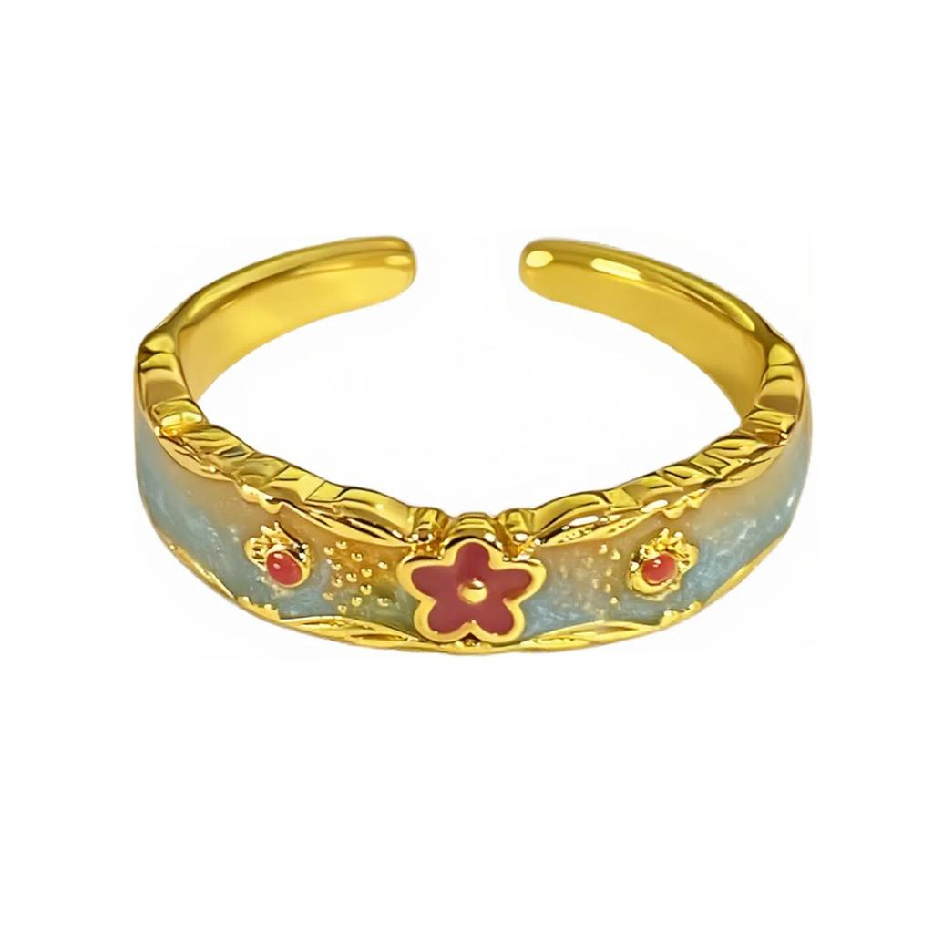[Goldpuder Blumensprache] Mittelalterlich Vintage Nationaler Trend Emaille Tropföl Blume Öffnungsring Personalisierter Retro Finger