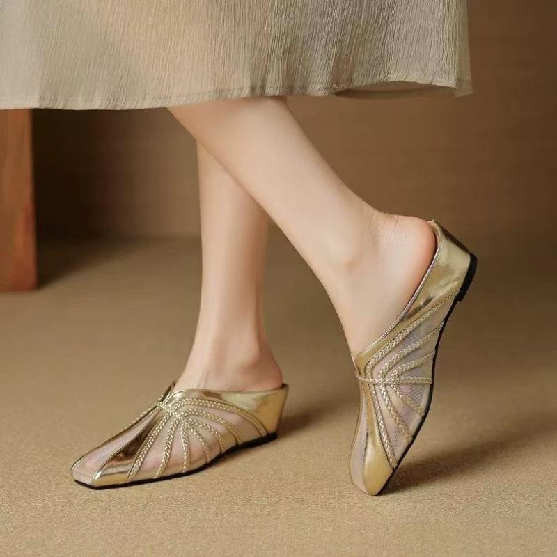 Inner Heightened Mesh Hollow Out Breathable Splicing Wrapped Head Semi-drag Summer New Square-toe Square-heel Slippers