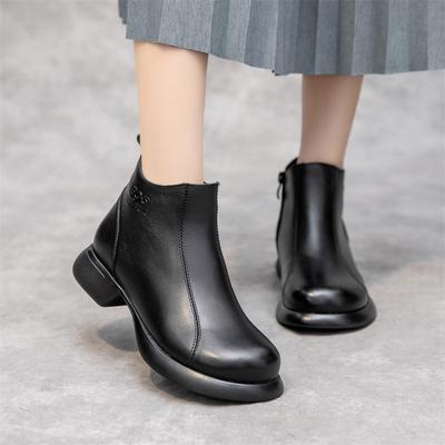 Leather Thick Heel Soft Bottom Soft Surface Short Boots Children's Autumn and Winter Retro Round Head Large Size Velvet Warm Women's Leather Boots