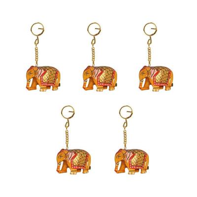 NH.1398 Porte-clés Éléphant en Bois Sculpté et Peint Jeu de 5 Pièces