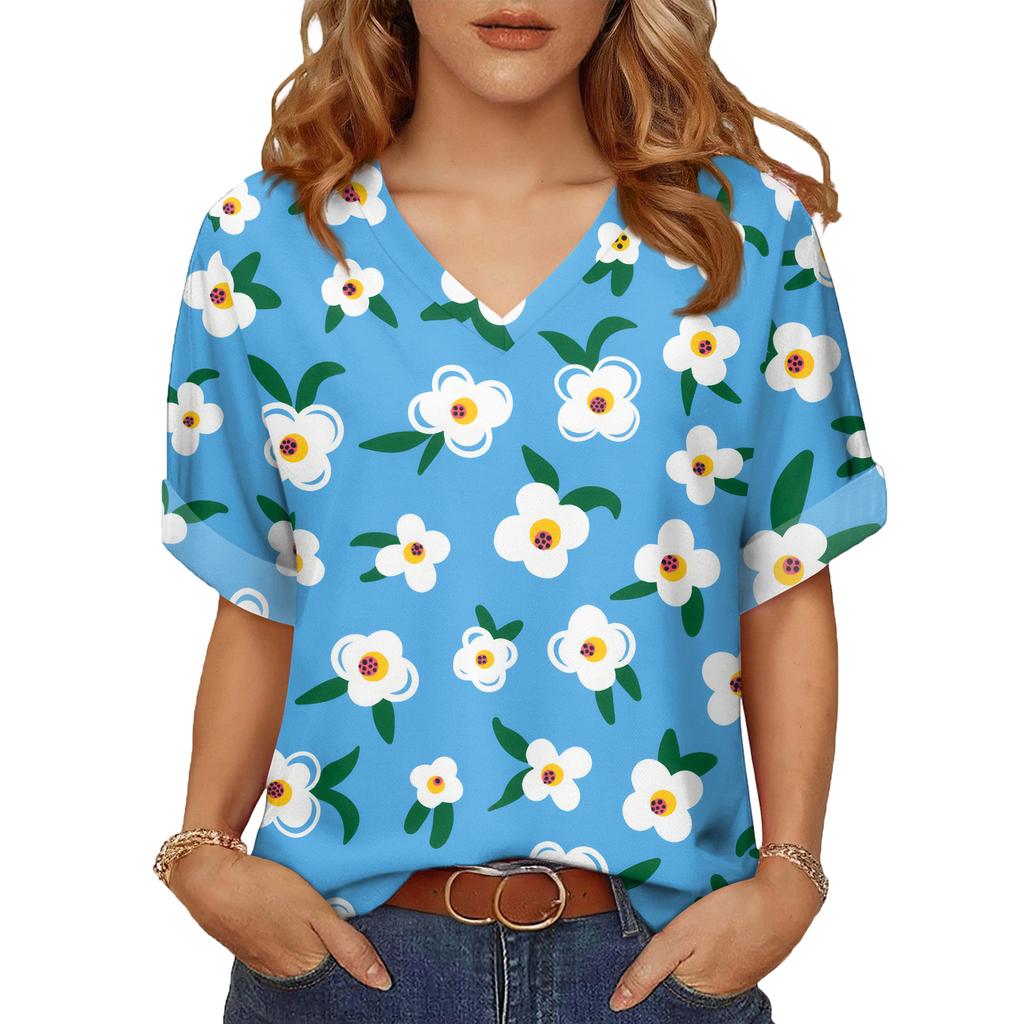 Top de Verano Casual Versátil a la Moda para Mujer con Estampado Floral Delgado de Manga Corta