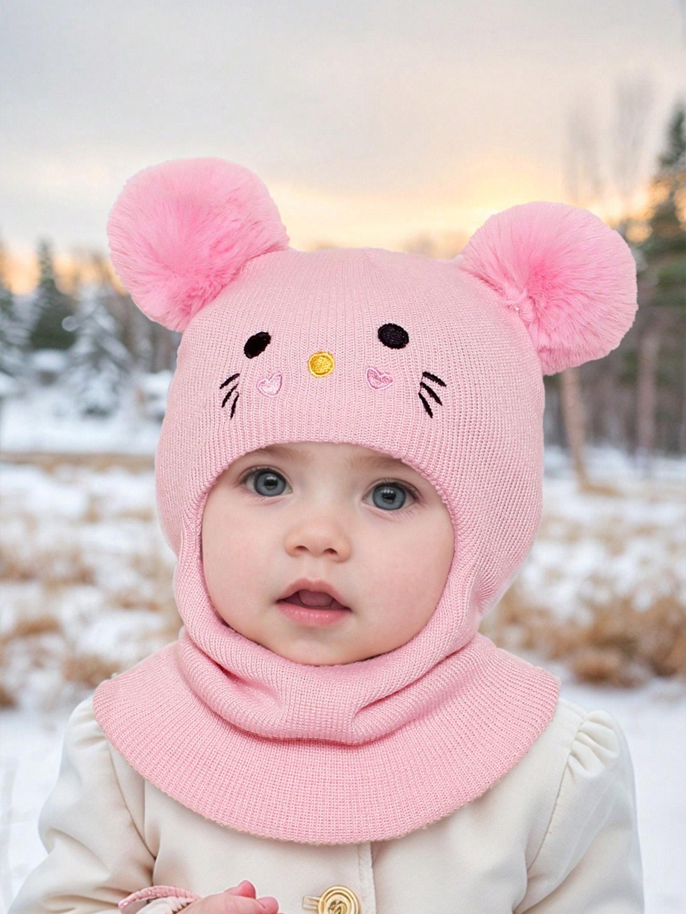 

One-piece Caps, Scarves, Ear Protectors for Autumn and Winter, and Embroidered Cat Headscarves for Boys and Girls Aged 1-6 One Size рожевий