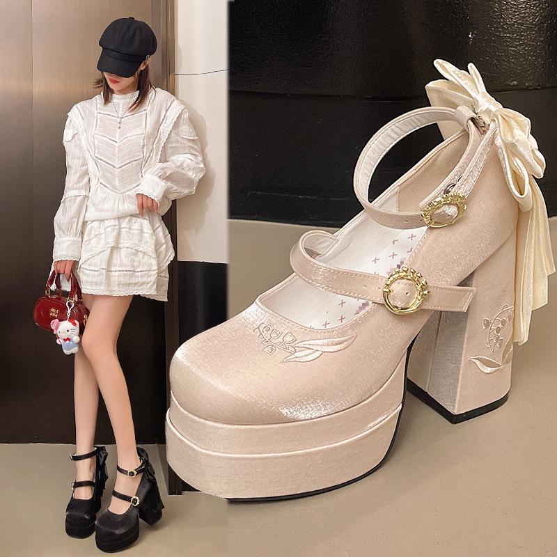 Fashion Lolita Shoes Sweet Girls Bow Velvet Platform Heels Ankle Strap Pumps Mary Jane Shoes Banquet Party Dress Shoes for Women Pumps