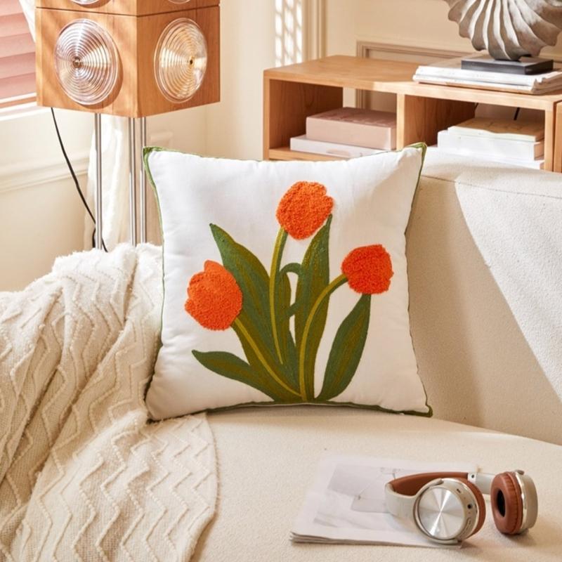 Pillowcase Floral Embroidery Cushion Case Features Vibrant Flower Patterns For Living Room Or Bedroom Decoration