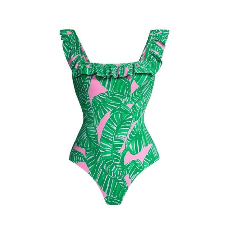 European and American swimwear with ruffled green print one-piece swimsuit set, slimming fit for women S