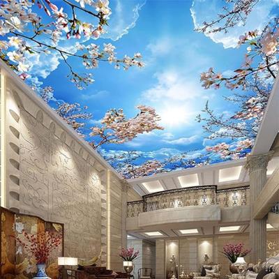 Sky Ceiling Wallpaper Blue Sky White Cloud Wall Mural Pink Cherry Blossom Ceiling Mural Living Room Bedroom Wallpaper