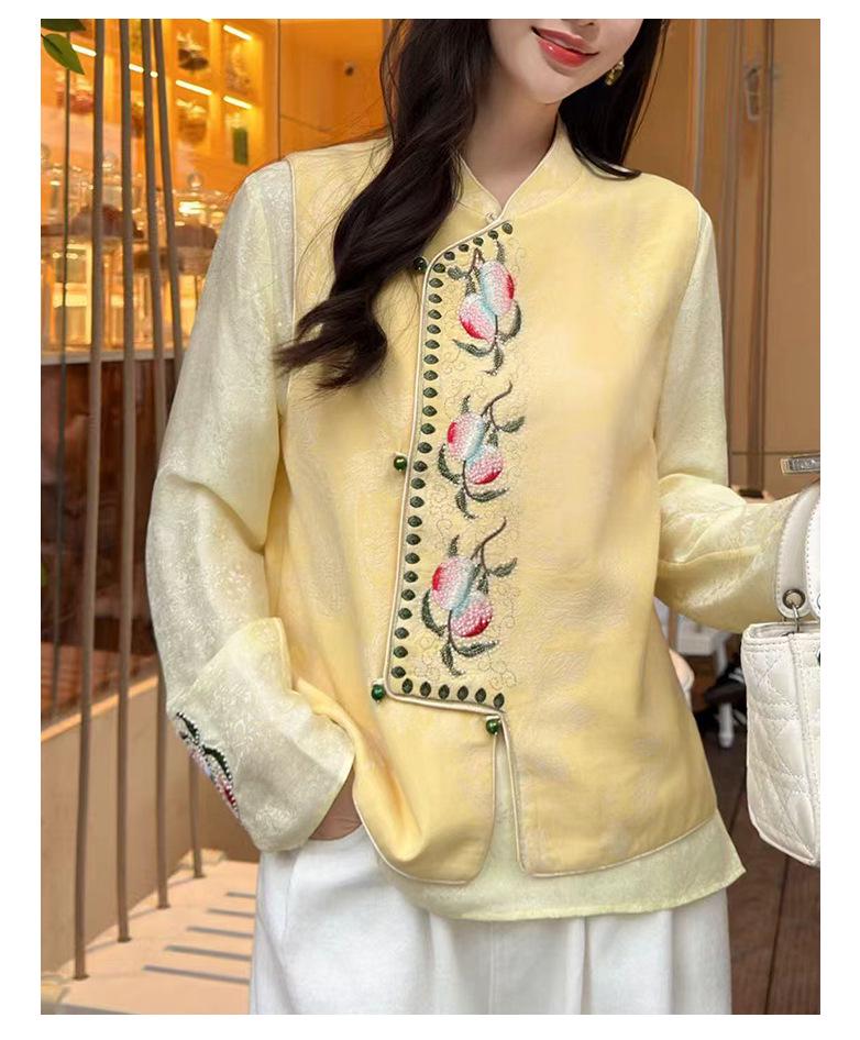Silk Blend Jacquard Round Neck Hollow Out Slimming Top for Women - 2026 Spring Long Sleeve