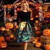 Women Crew Neck Halloween Print Dress Long Sleeve Casual Style and Patterned Midi Dress with Ribbon Waist Tie