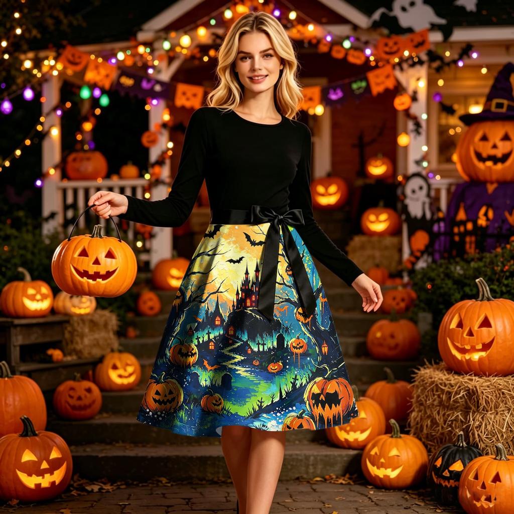Women Crew Neck Halloween Print Dress Long Sleeve Casual Style and Patterned Midi Dress with Ribbon Waist Tie