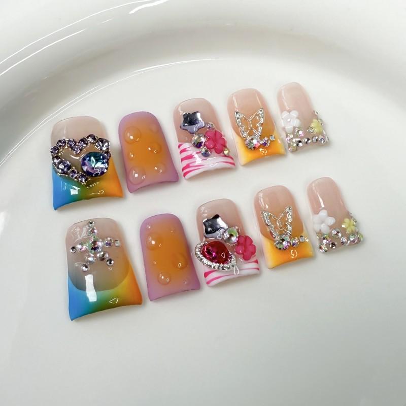 Sweet French Press-On Nails With Sheer Pink Blush Effect Duckbill Shape 3D Heart Butterfly Embossed Design Reusable Nail Tips