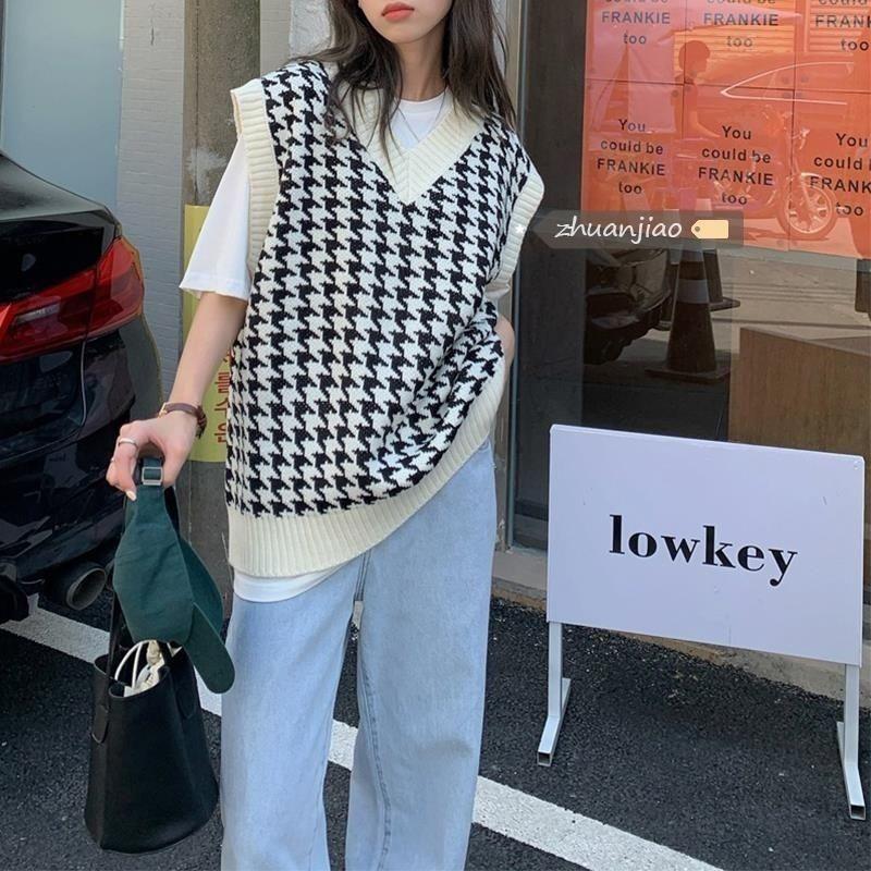 Gilet di media lunghezza lavorato a maglia con motivo Thousand Bird Donna Versione coreana Nuovo maglione con scollo a V versatile e allentato Pullover Canotta femminile