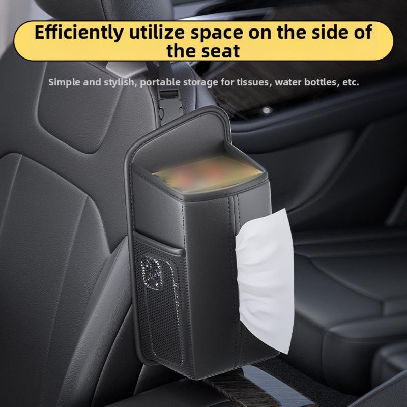 Front Seat Car Tissue Box Can Hold Mobile Phones And Cards Tissue Holder Headrest Organizer With 2 Side Mesh Pockets Leather