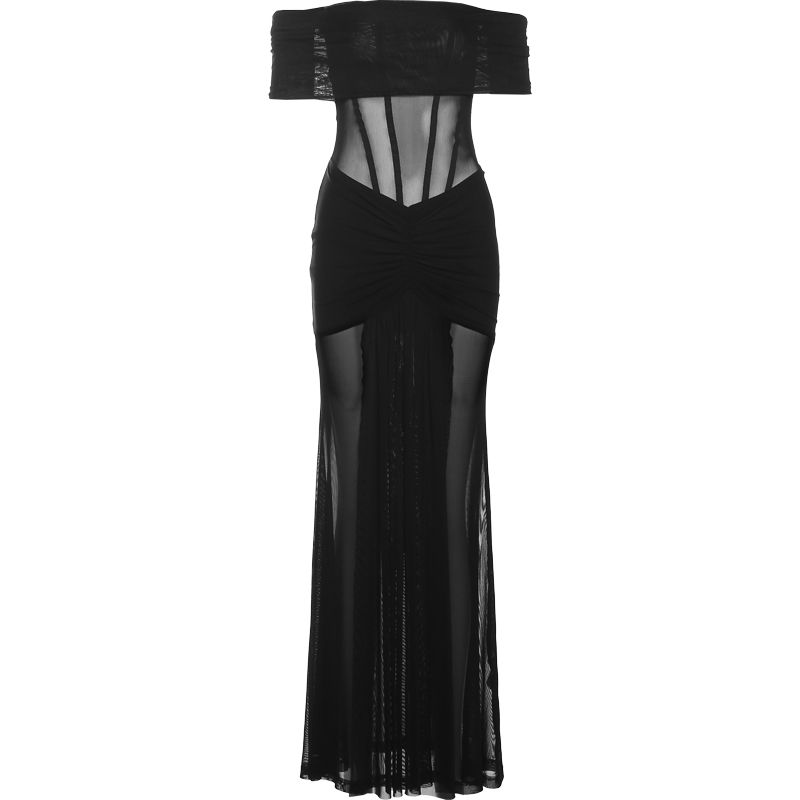 

# Sisjuly# All Black Dark Adult Lady like Woman Sheer Mesh Stitching Ruffle Sexy off-Shoulder Dress Women Black S