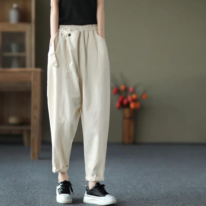 Retro Cotton  Casual Pants Women's Spring Elastic Waist Loose All-match Harem Pants
