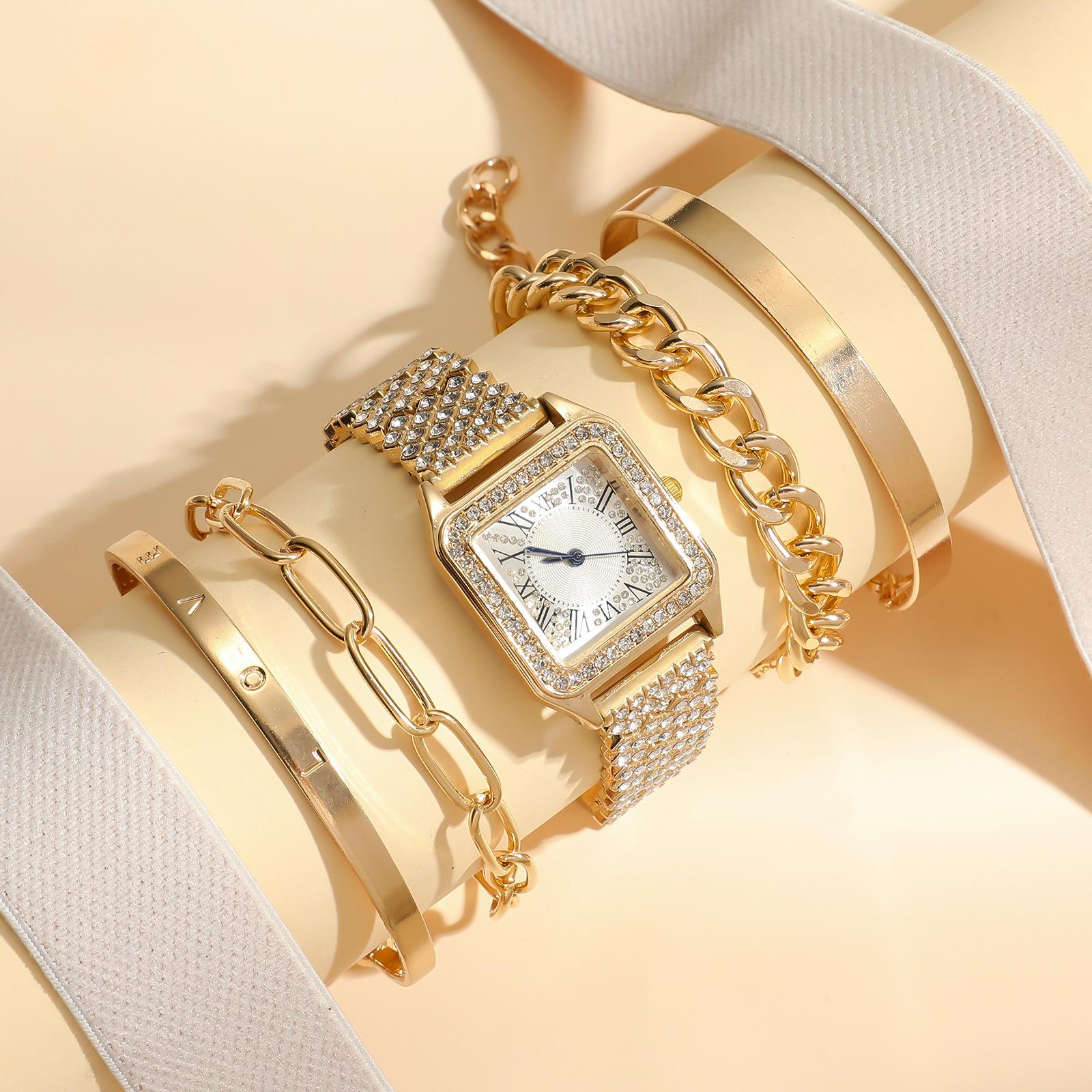 

Женские модные кварцевые маленькие квадратные часы со стальным ремешком и бриллиантами + комплект браслетов-браслетов