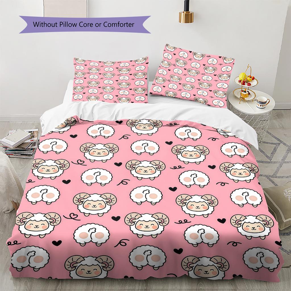 Pink Cartoon Art Pattern Bedding,Quilt Set Quilt Cover Pillowcase Home Birthday Gift (1 * Duvet Cover + 2 * Pillowcase, Without Core)