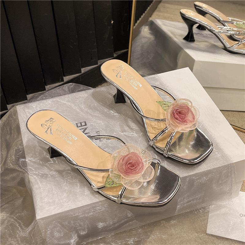 2025 Summer New Flower Stiletto Slippers Wear Open-toed One-word Slippers Silver High Heels Gentle Women's Shoes
