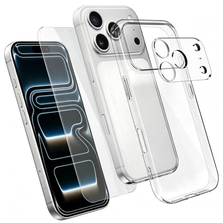 3‑in‑1 Set Clear TPU Phone Case + High Alumina Tempered Glass Screen & Lens Protector For iPhone