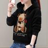 Höstvinter Huvtröja i fleece för kvinnor, Söt björnbroderi Rosmönster Pullover, Avslappnad Lös Passform Koreansk Stil Varm Huvtröja för Damer