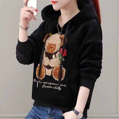 Women's Fall Winter Fleece Hoodie, Cute Bear Embroidery Rose Print Pullover, Casual Loose Fit Korean Style Warm Hooded Sweatshirt for Ladies
