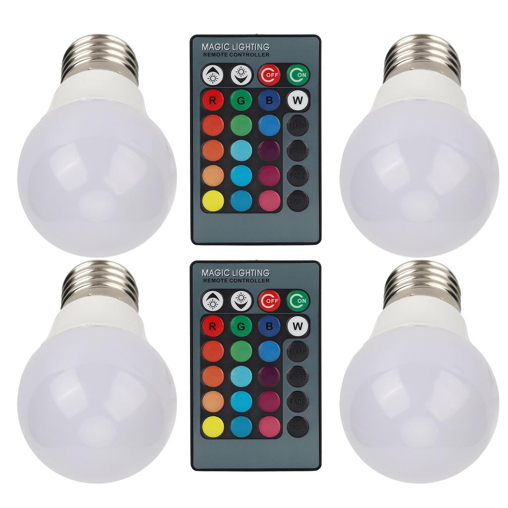 4pcs E27 RGB LED Light Bulbs Colorful Decorating Lamp with 2 Remote Controls 3W AC85‑265V