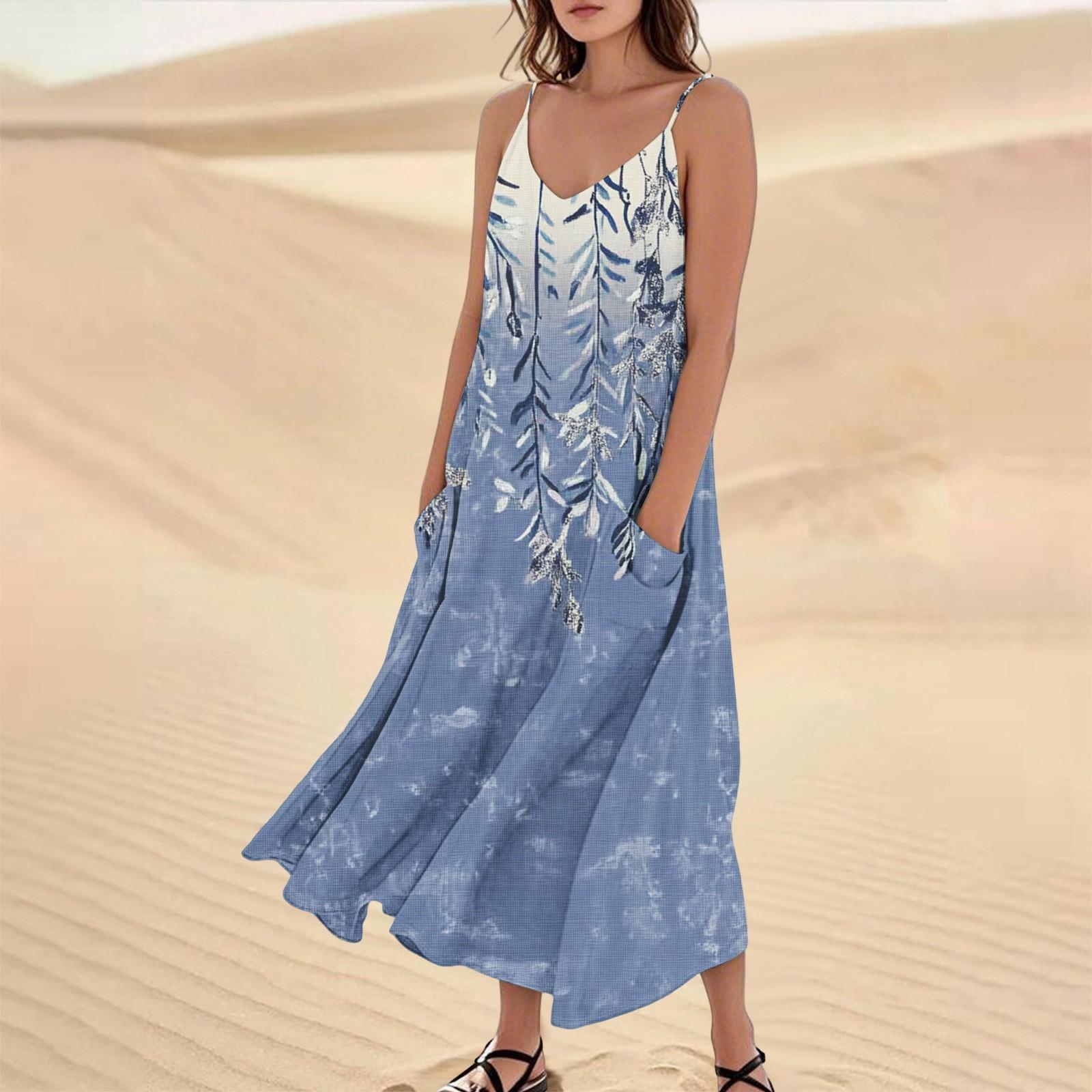 Women s Summer Dress Casual Loose Long Beach Vacation Dresses L синий