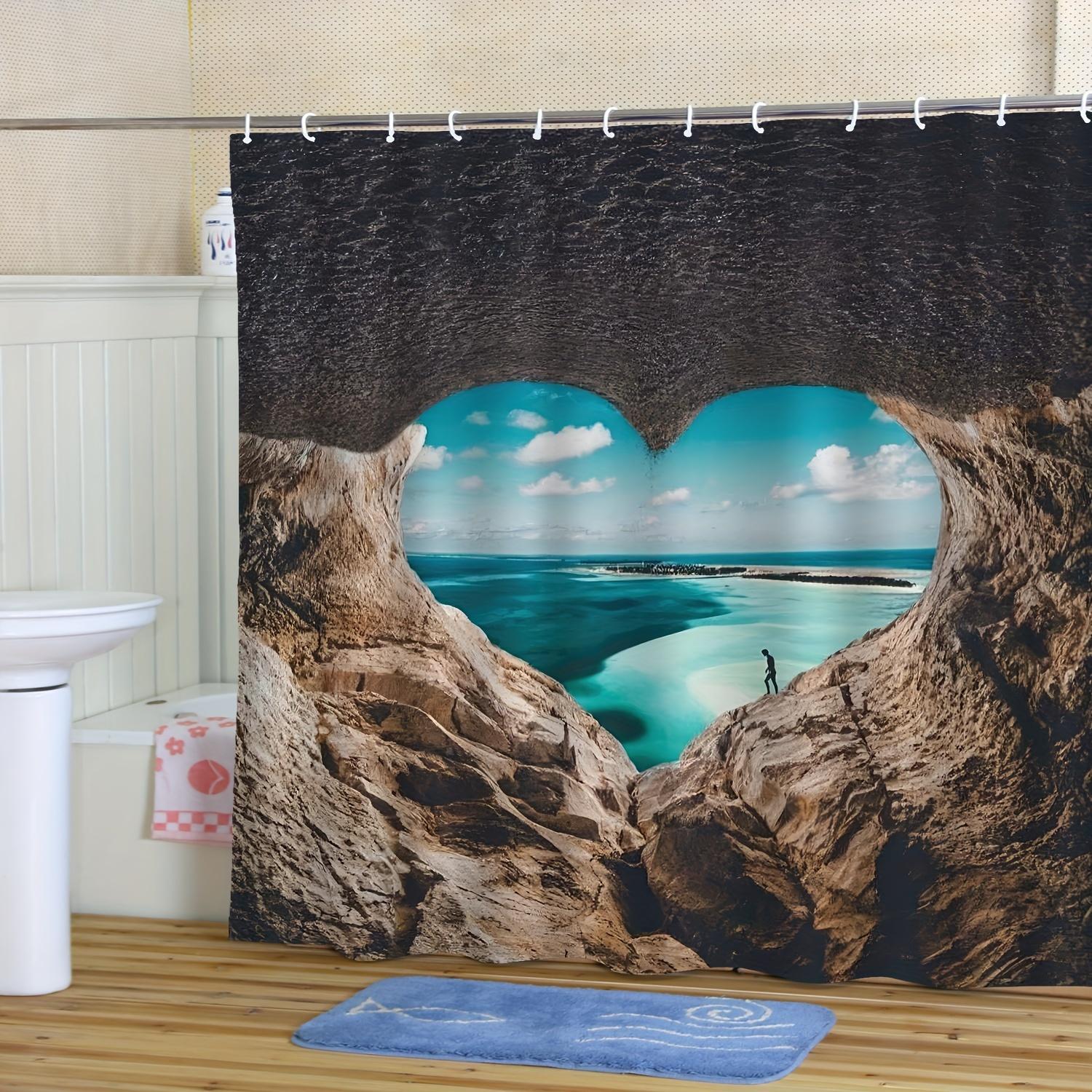

Beach Heart Shower Curtain - Polyester, Machine Washable, Blue & Turquoise, Hooks Included, Ideal for Beach Fans W90XH180cm