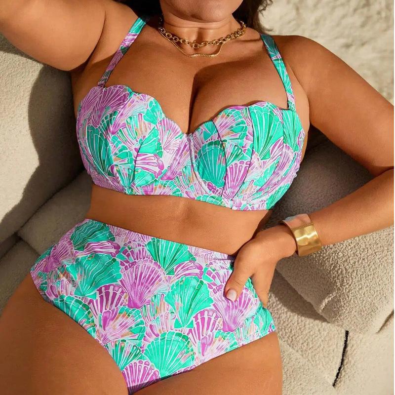 Women's Plus Size Underwire Push Up Bikini Set, Seashell Print High Waist Two Piece Swimsuit